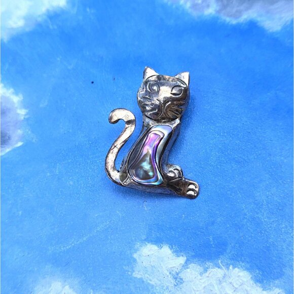 Taxco Cat Brooch Pin Abalone Shell Sterling Silver Vintage Jewelry Cute Retro - Picture 1 of 10